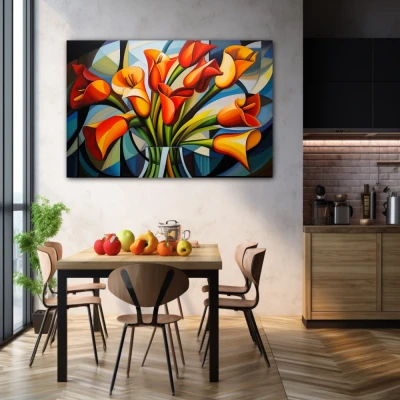 Wall Art titled: Spring Geometry in a Horizontal format with: Yellow, Orange, and Green Colors; Decoration the Kitchen wall