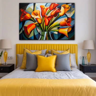 Wall Art titled: Spring Geometry in a  format with: Yellow, Orange, and Green Colors; Decoration the Bedroom wall