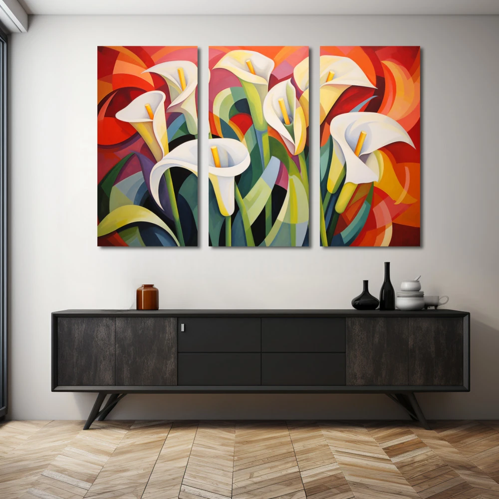 Wall Art titled: Nature Mosaic in a Horizontal format with: white, Red, and Green Colors; Decoration the Sideboard wall