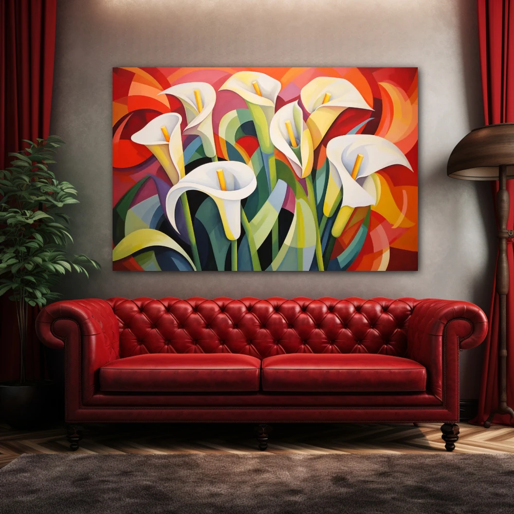 Wall Art titled: Nature Mosaic in a Horizontal format with: white, Red, and Green Colors; Decoration the Above Couch wall