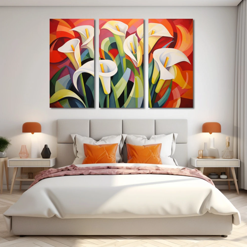 Wall Art titled: Nature Mosaic in a Horizontal format with: white, Red, and Green Colors; Decoration the Bedroom wall