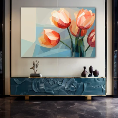 Wall Art titled: Subtly Chiseled Petals in a Horizontal format with: and Pastel Colors; Decoration the Sideboard wall