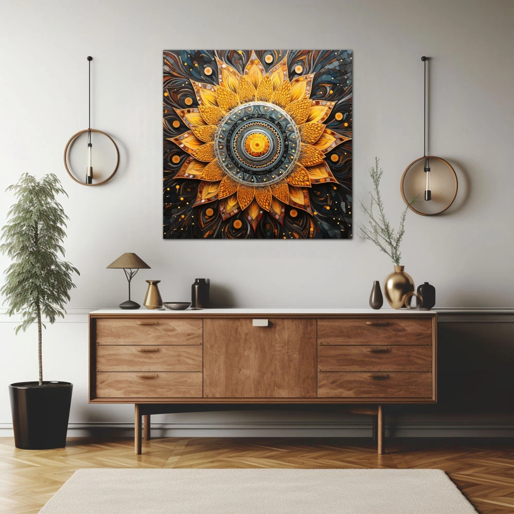 Wall Art titled: Spiraling Spirituality in a Square format with: Yellow, Grey, and Orange Colors; Decoration the Sideboard wall