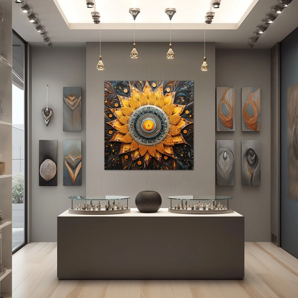 Wall Art titled: Spiraling Spirituality in a Square format with: Yellow, Grey, and Orange Colors; Decoration the Jewellery wall