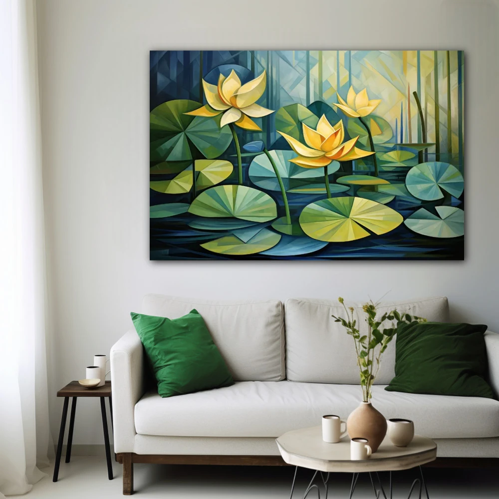 Cuadro simetría botánica en formato horizontal con colores amarillo, verde; decorando pared blanca