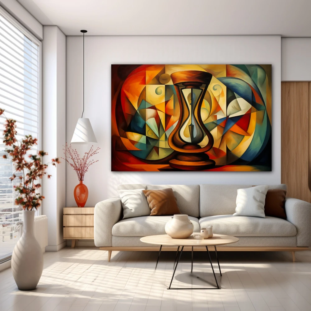 Wall Art titled: Time is an Illusion in a Horizontal format with: Blue, Brown, and Red Colors; Decoration the White Wall wall