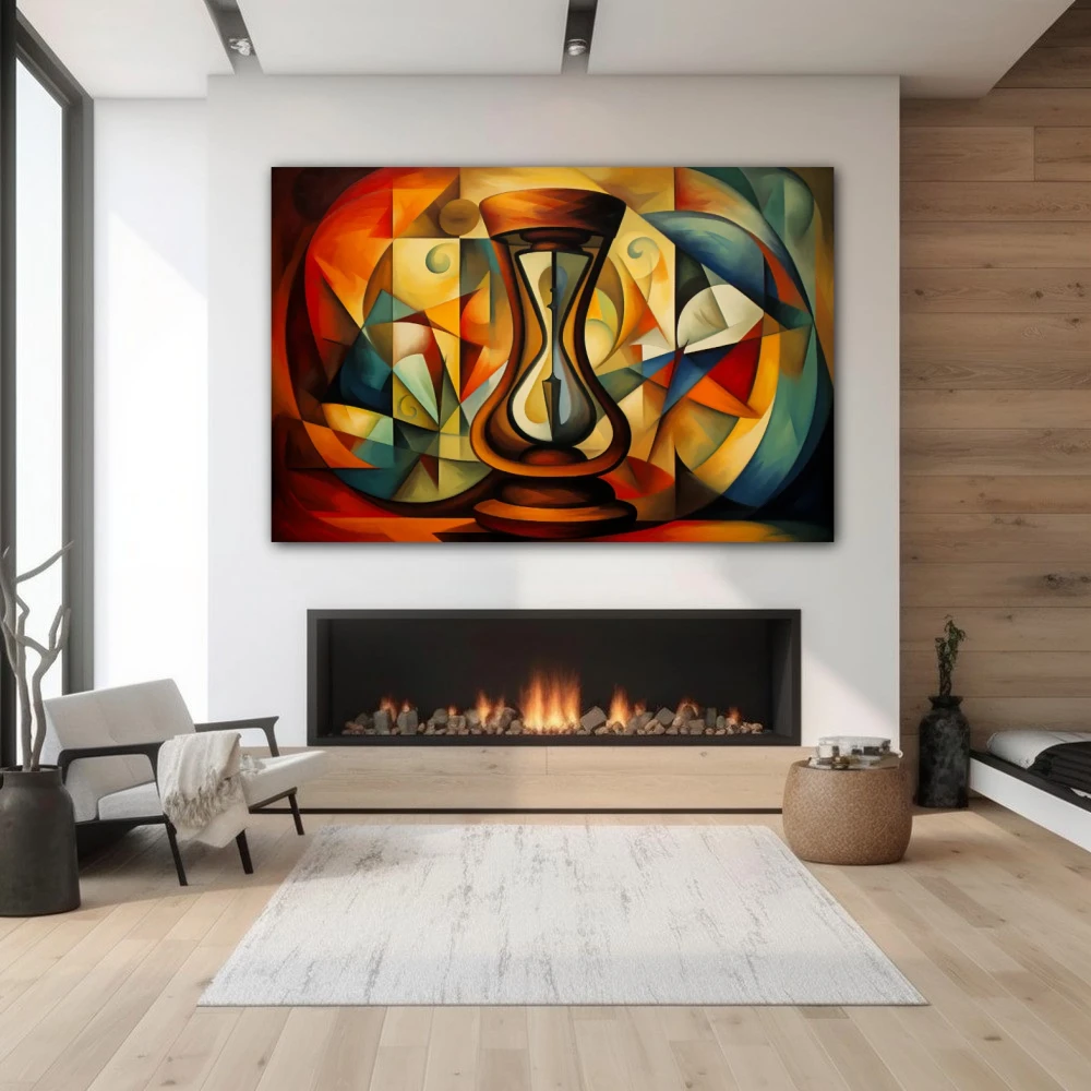 Wall Art titled: Time is an Illusion in a Horizontal format with: Blue, Brown, and Red Colors; Decoration the Fireplace wall