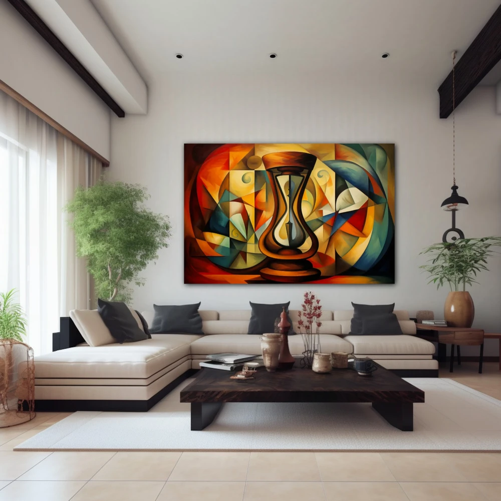 Wall Art titled: Time is an Illusion in a Horizontal format with: Blue, Brown, and Red Colors; Decoration the Above Couch wall