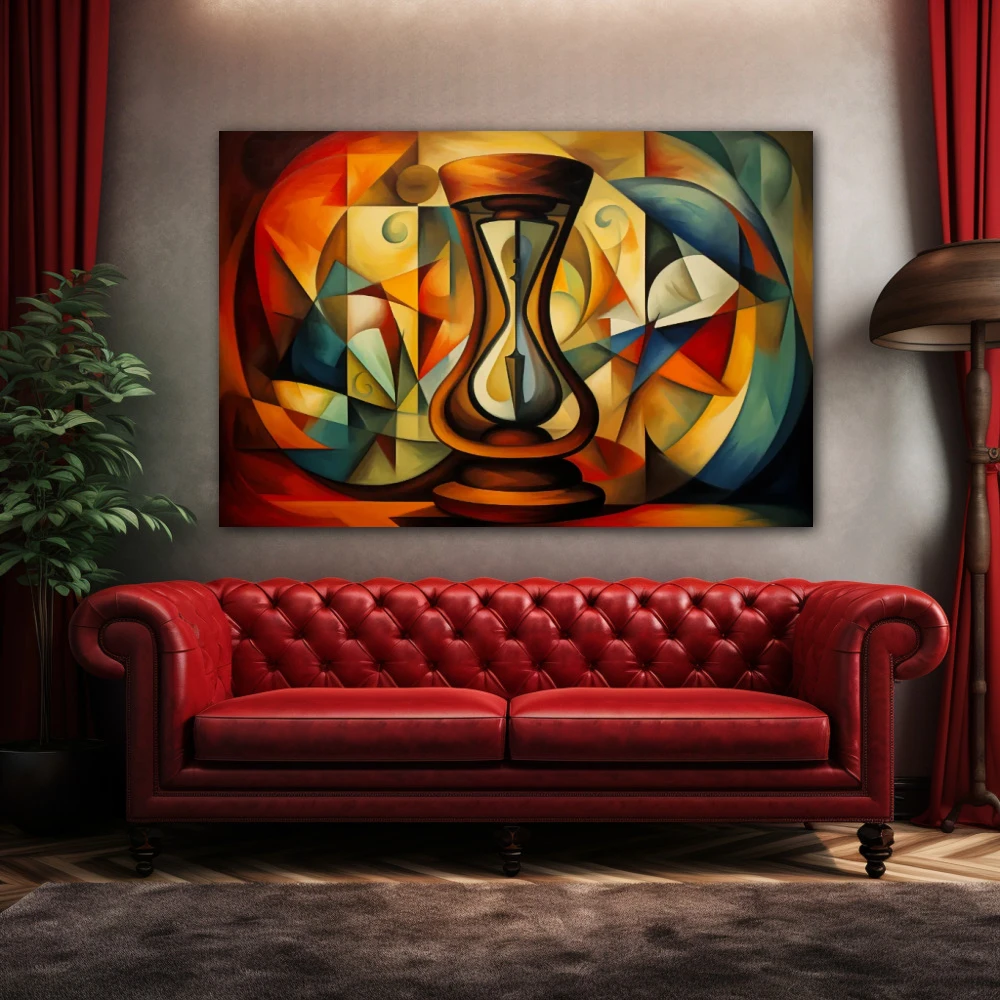 Wall Art titled: Time is an Illusion in a Horizontal format with: Blue, Brown, and Red Colors; Decoration the Above Couch wall