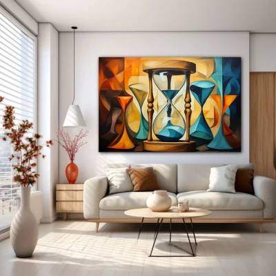 Cuadro el tiempo es relativo en formato horizontal con colores celeste, marrón, naranja; decorando pared blanca