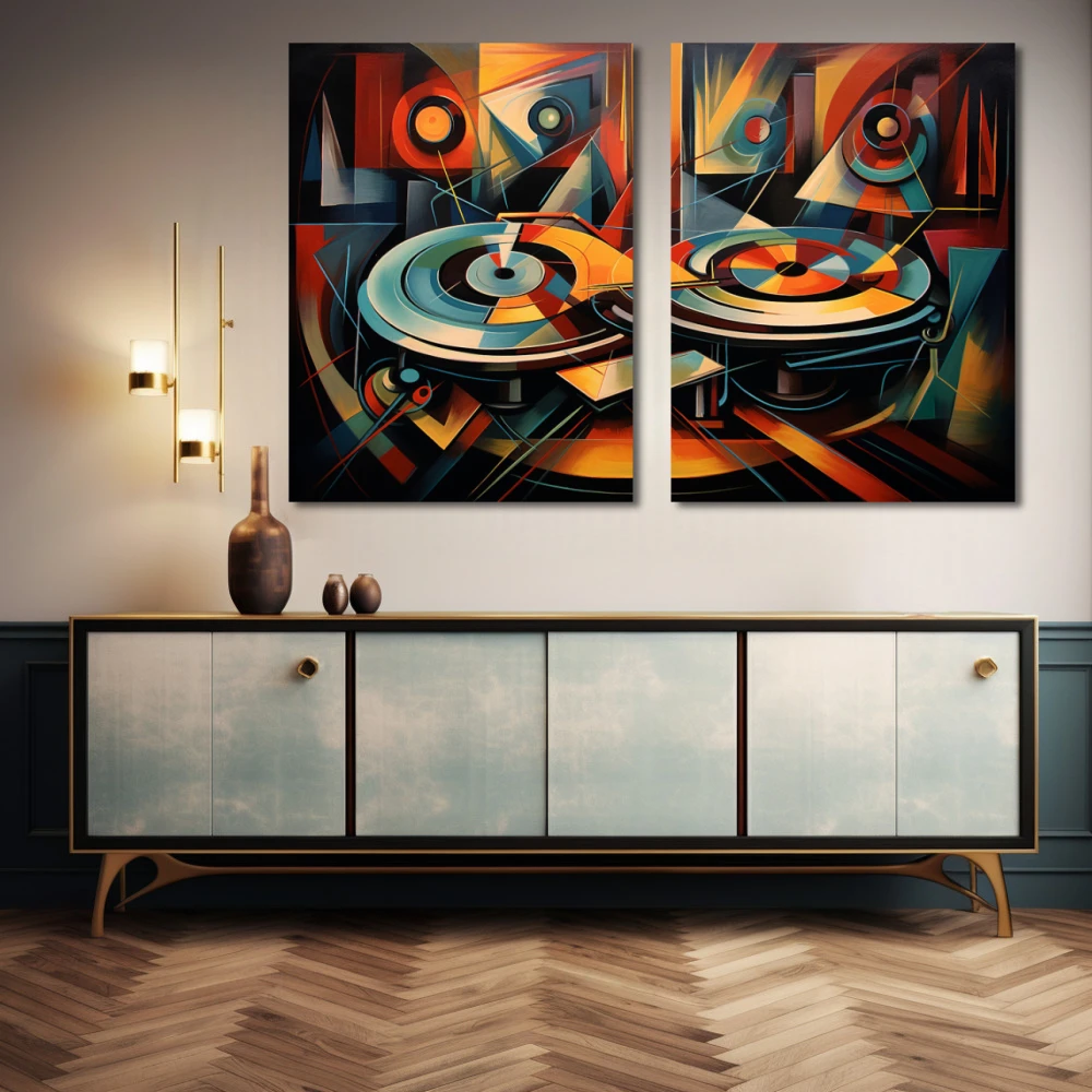 Wall Art titled: Analog Resonances in a Horizontal format with: Sky blue, and Orange Colors; Decoration the Sideboard wall