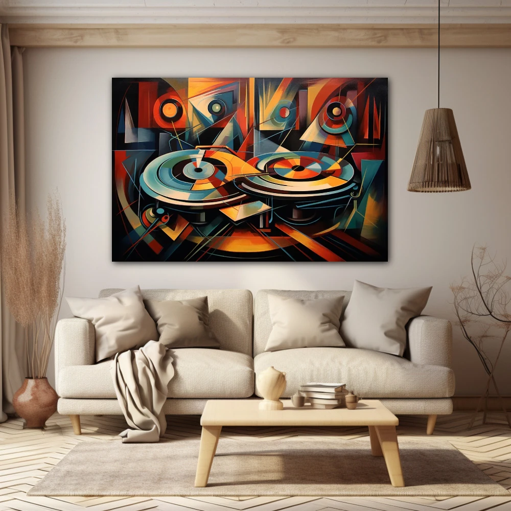 Wall Art titled: Analog Resonances in a Horizontal format with: Sky blue, and Orange Colors; Decoration the Beige Wall wall