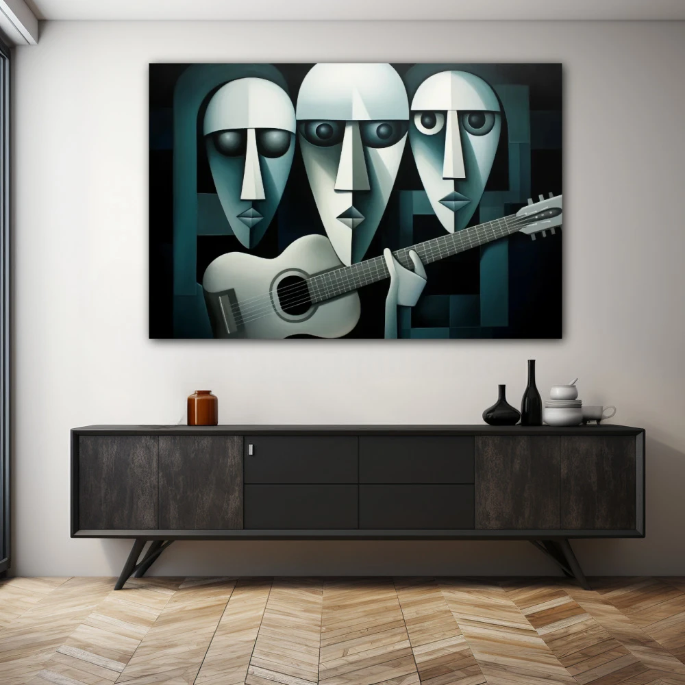 Wall Art titled: The Trio of Infinite Chords in a Horizontal format with: Green, and Monochromatic Colors; Decoration the Sideboard wall