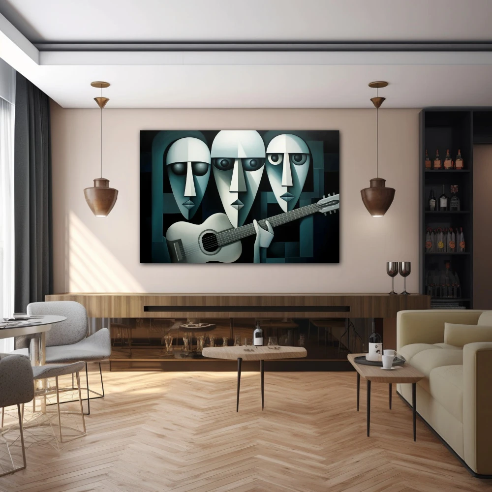 Wall Art titled: The Trio of Infinite Chords in a Horizontal format with: Green, and Monochromatic Colors; Decoration the Bar wall