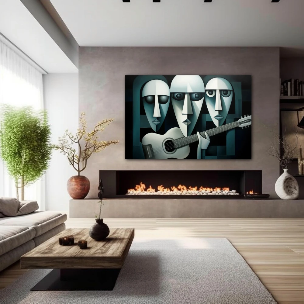 Wall Art titled: The Trio of Infinite Chords in a Horizontal format with: Green, and Monochromatic Colors; Decoration the Fireplace wall