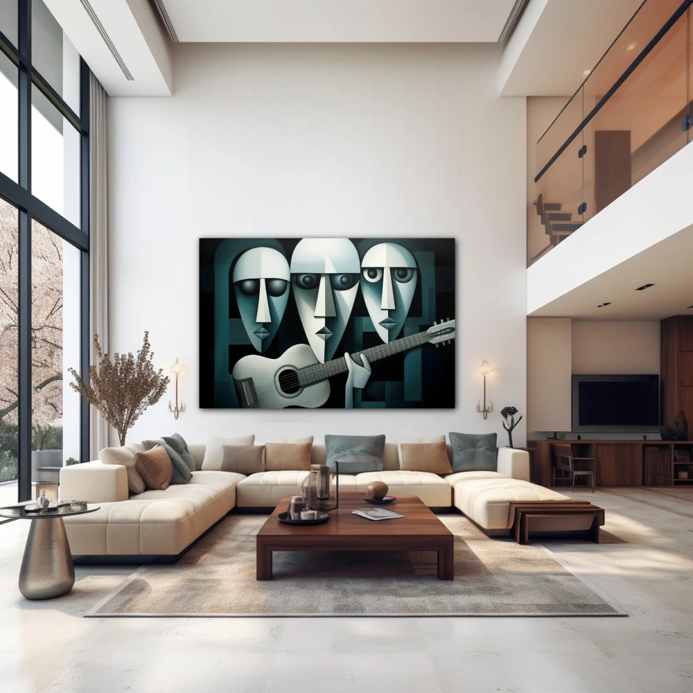 Wall Art titled: The Trio of Infinite Chords in a Horizontal format with: Green, and Monochromatic Colors; Decoration the Above Couch wall