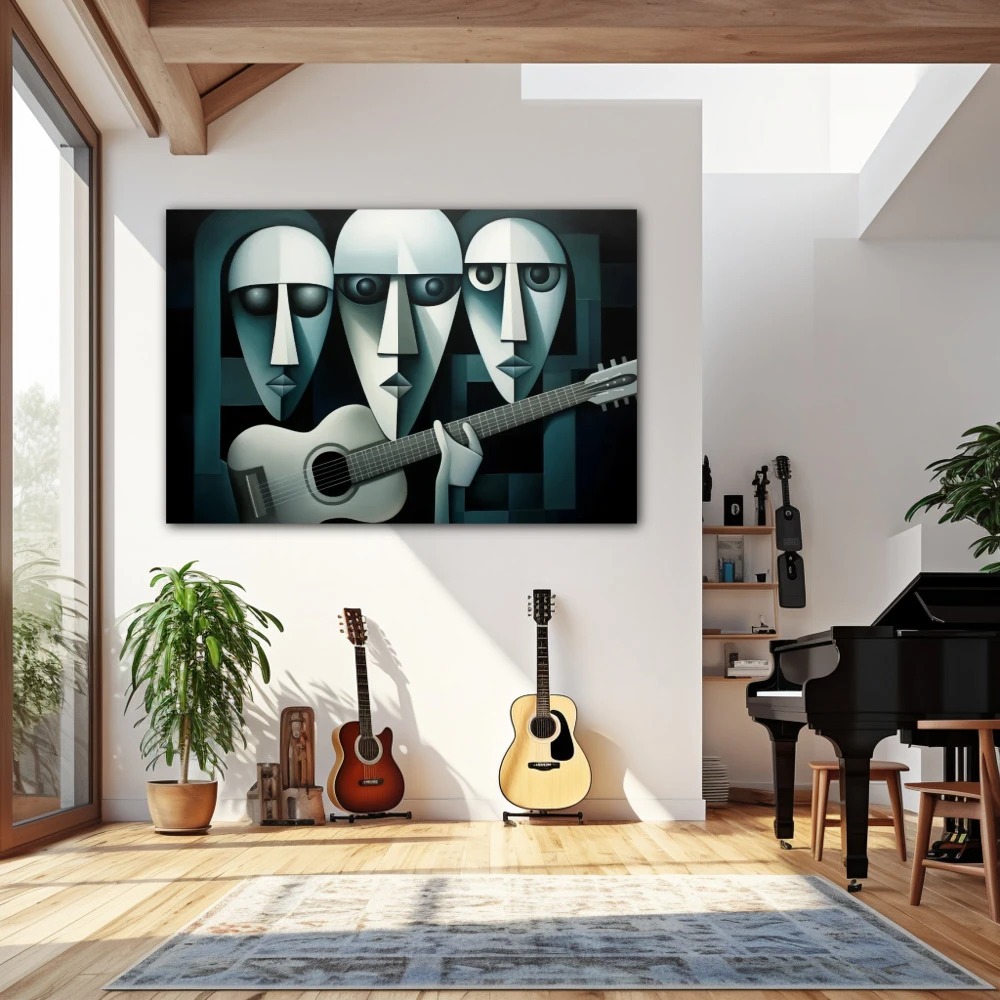 Wall Art titled: The Trio of Infinite Chords in a Horizontal format with: Green, and Monochromatic Colors; Decoration the Living Room wall