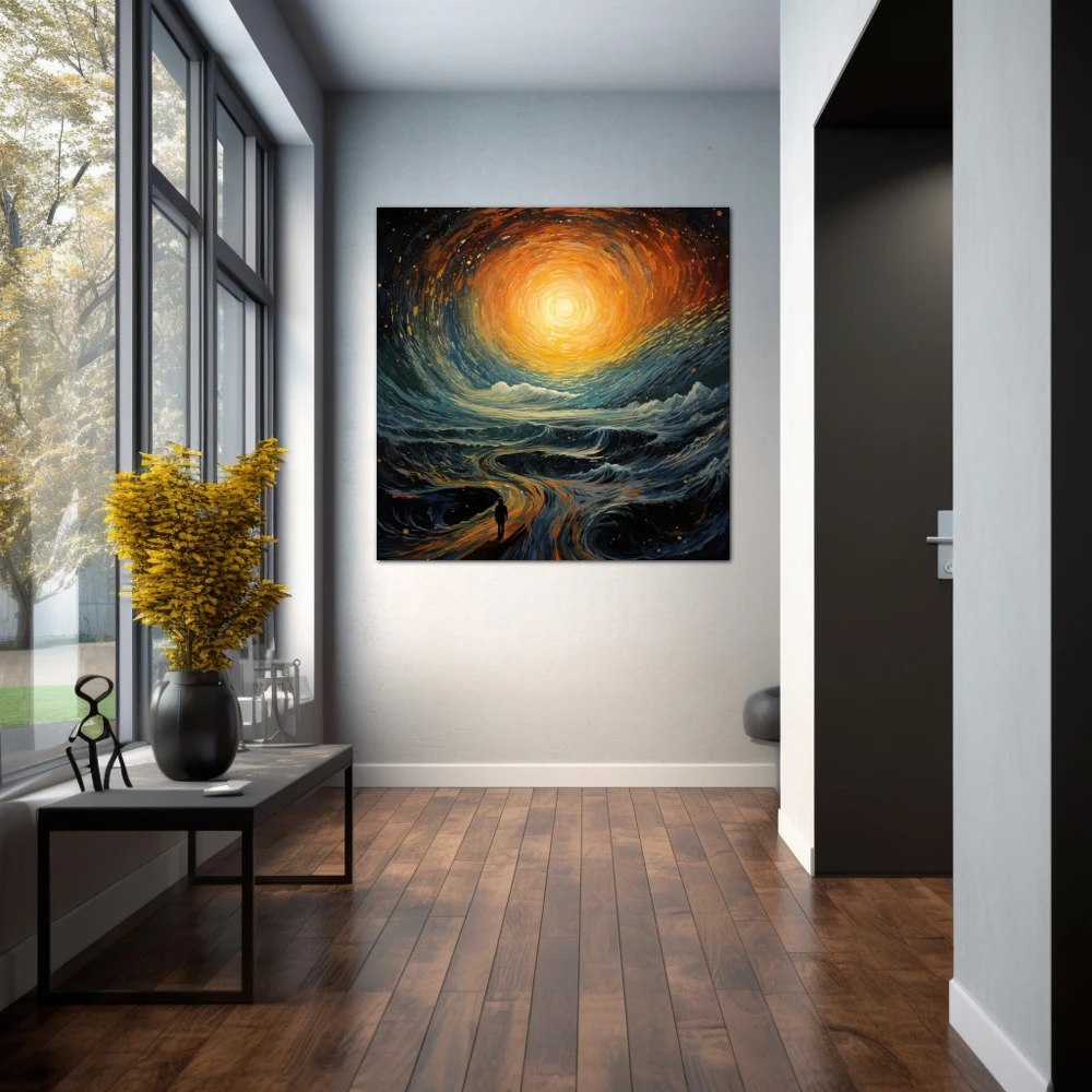 Wall Art titled: Path to Infinity in a Square format with: Yellow, Orange, and Turquoise Colors; Decoration the Hallway wall