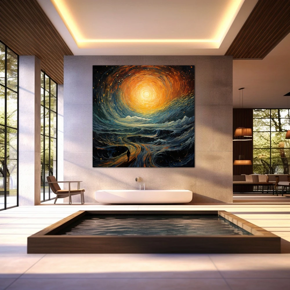 Wall Art titled: Path to Infinity in a Square format with: Yellow, Orange, and Turquoise Colors; Decoration the Wellbeing wall