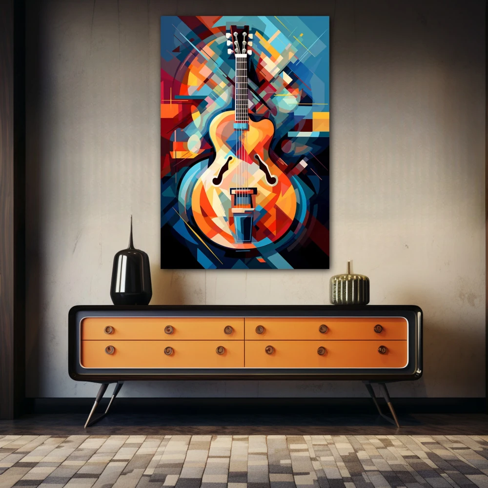 Wall Art titled: Infinite Vibrations in a Vertical format with: Blue, Orange, and Vivid Colors; Decoration the Sideboard wall