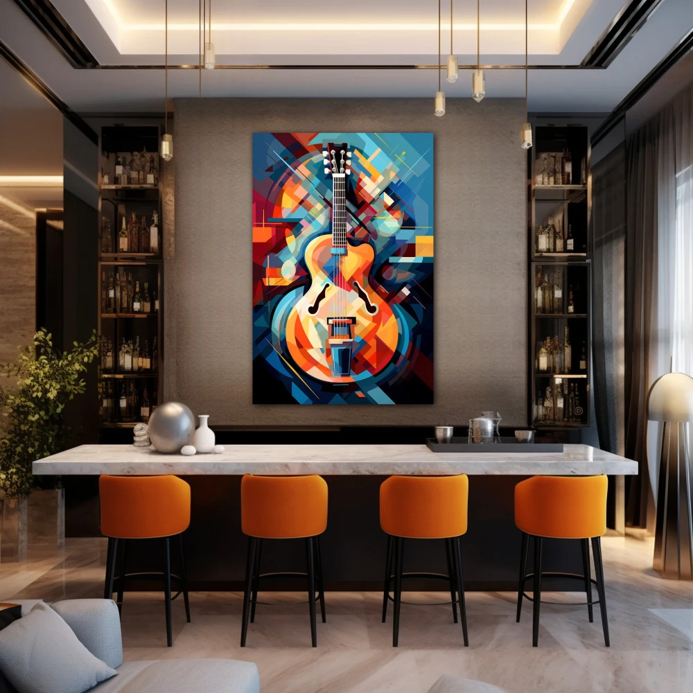 Wall Art titled: Infinite Vibrations in a Vertical format with: Blue, Orange, and Vivid Colors; Decoration the Bar wall