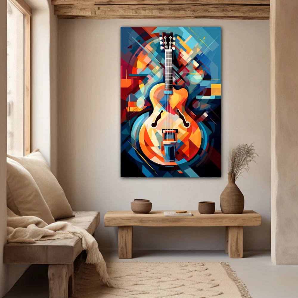 Wall Art titled: Infinite Vibrations in a Vertical format with: Blue, Orange, and Vivid Colors; Decoration the Beige Wall wall