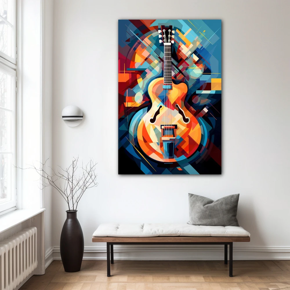 Cuadro vibraciones infinitas en formato vertical con colores azul, naranja, vivos; decorando pared blanca