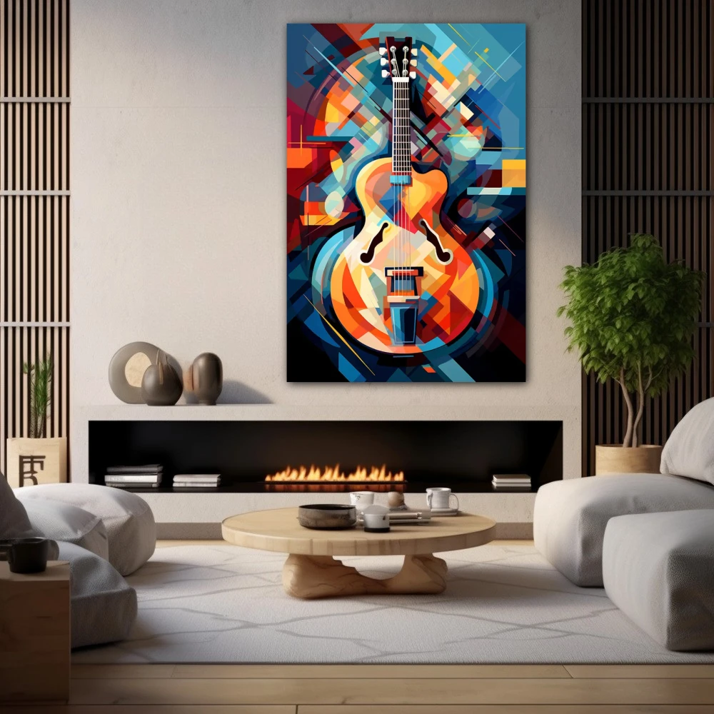 Wall Art titled: Infinite Vibrations in a Vertical format with: Blue, Orange, and Vivid Colors; Decoration the Fireplace wall