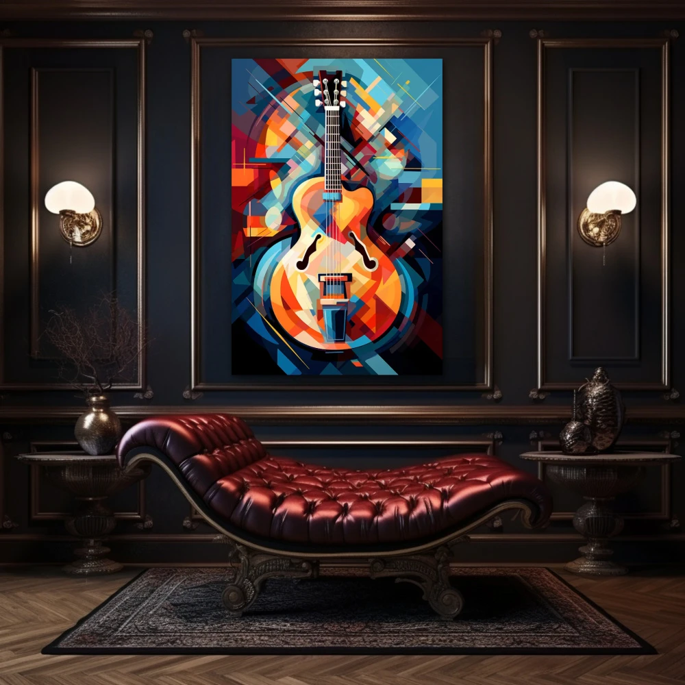 Wall Art titled: Infinite Vibrations in a Vertical format with: Blue, Orange, and Vivid Colors; Decoration the Above Couch wall