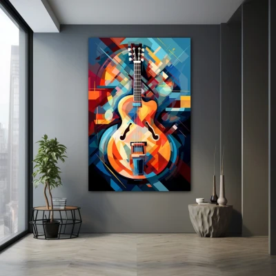 Cuadro vibraciones infinitas en formato vertical con colores azul, naranja, vivos; decorando pared gris