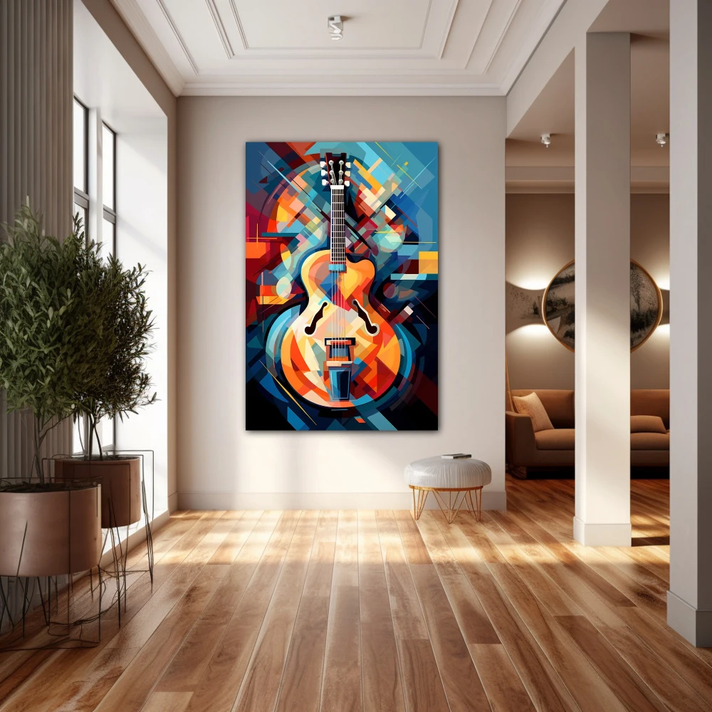 Wall Art titled: Infinite Vibrations in a Vertical format with: Blue, Orange, and Vivid Colors; Decoration the Hallway wall