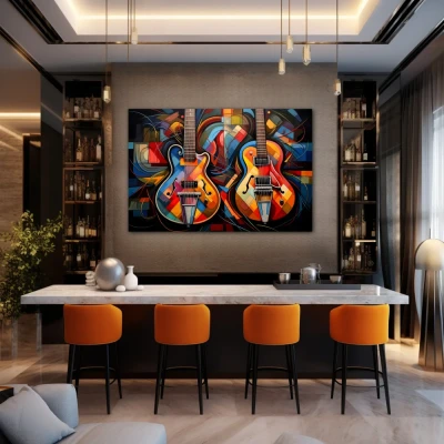 Wall Art titled: Duet of Vibrant Harmonies in a Horizontal format with: Blue, Orange, and Vivid Colors; Decoration the Bar wall