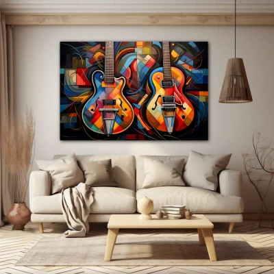 Wall Art titled: Duet of Vibrant Harmonies in a Horizontal format with: Blue, Orange, and Vivid Colors; Decoration the Beige Wall wall