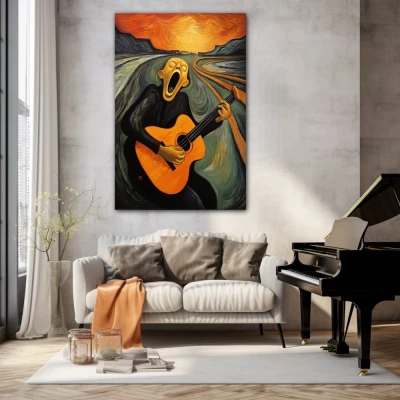 Wall Art titled: The Musical Scream in a  format with: Grey, Orange, and Black Colors; Decoration the Living Room wall