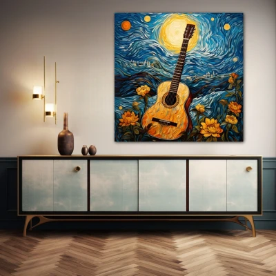 Cuadro La guitarra estrellada en formato cuadrado con colores Amarillo, Azul, Naranja; Decorando pared de Aparador