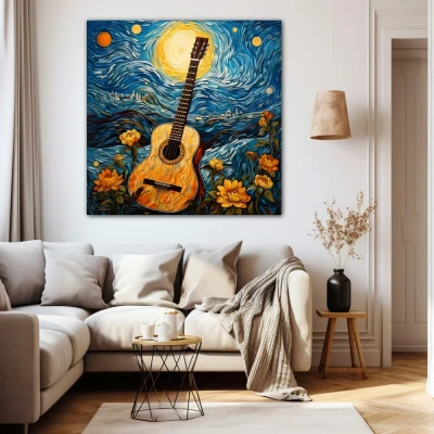 Cuadro La guitarra estrellada en formato cuadrado con colores Amarillo, Azul, Naranja; Decorando Pared beige