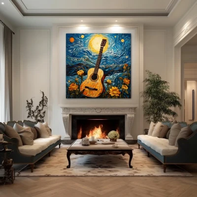 Wall Art titled: The Starry Guitar in a Square format with: Yellow, Blue, and Orange Colors; Decoration the Fireplace wall