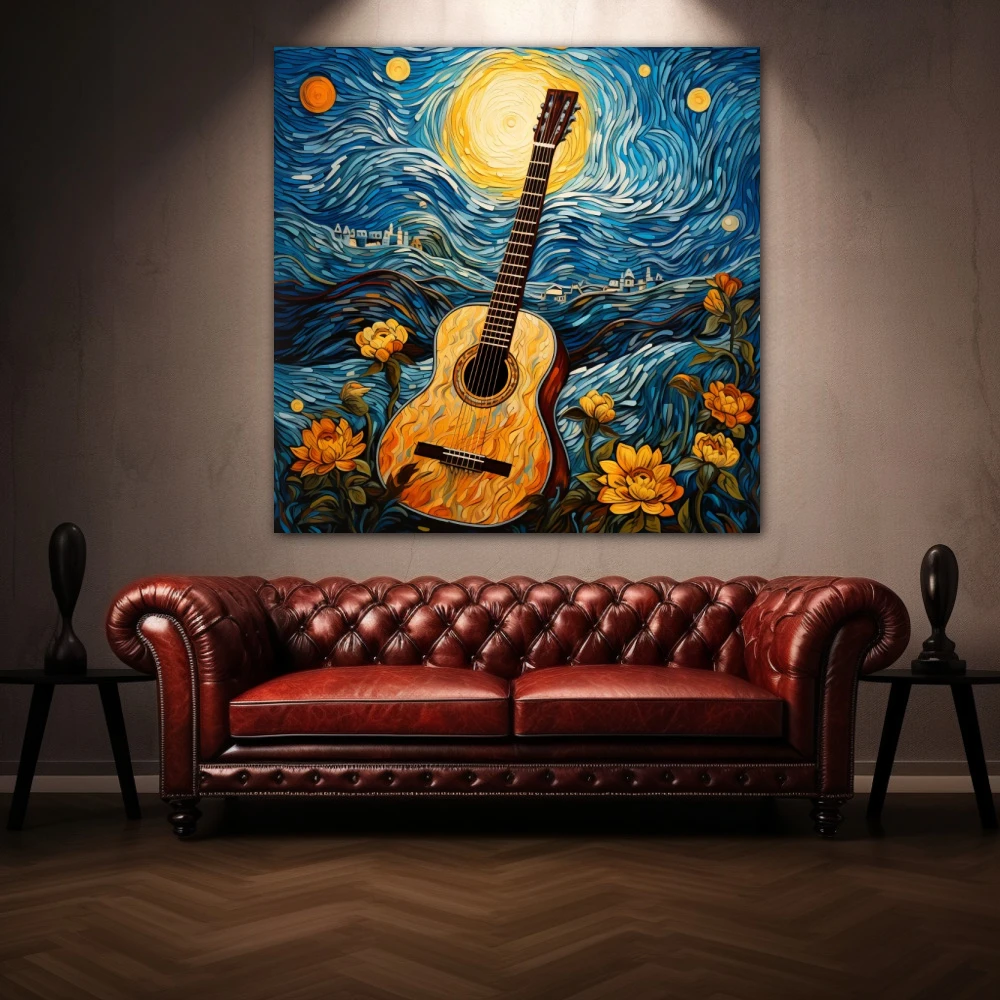 Cuadro la guitarra estrellada en formato cuadrado con colores amarillo, azul, naranja; decorando pared de encima del sofá