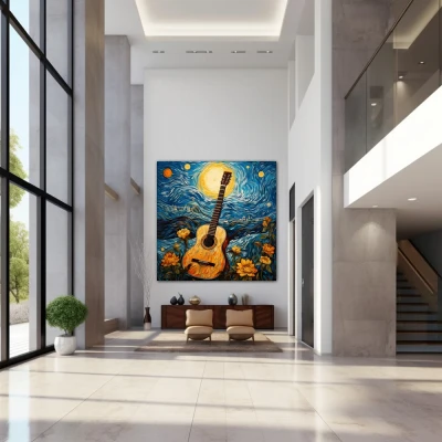 Cuadro La guitarra estrellada en formato cuadrado con colores Amarillo, Azul, Naranja; Decorando pared de Entrada y Recibidor