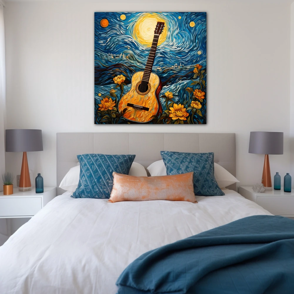 Cuadro la guitarra estrellada en formato cuadrado con colores amarillo, azul, naranja; decorando pared de habitación dormitorio