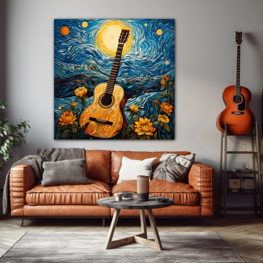 Cuadro la guitarra estrellada en formato cuadrado con colores amarillo, azul, naranja; decorando pared de salón comedor