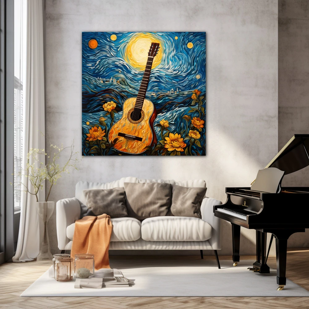 Cuadro la guitarra estrellada en formato cuadrado con colores amarillo, azul, naranja; decorando pared de salón comedor