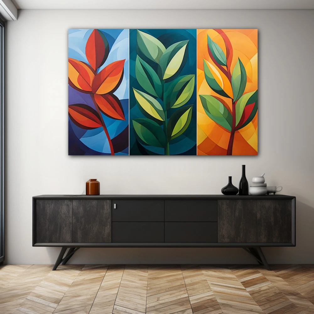 Wall Art titled: Seasons in Geometry in a Horizontal format with: Blue, Orange, Green, and Vivid Colors; Decoration the Sideboard wall