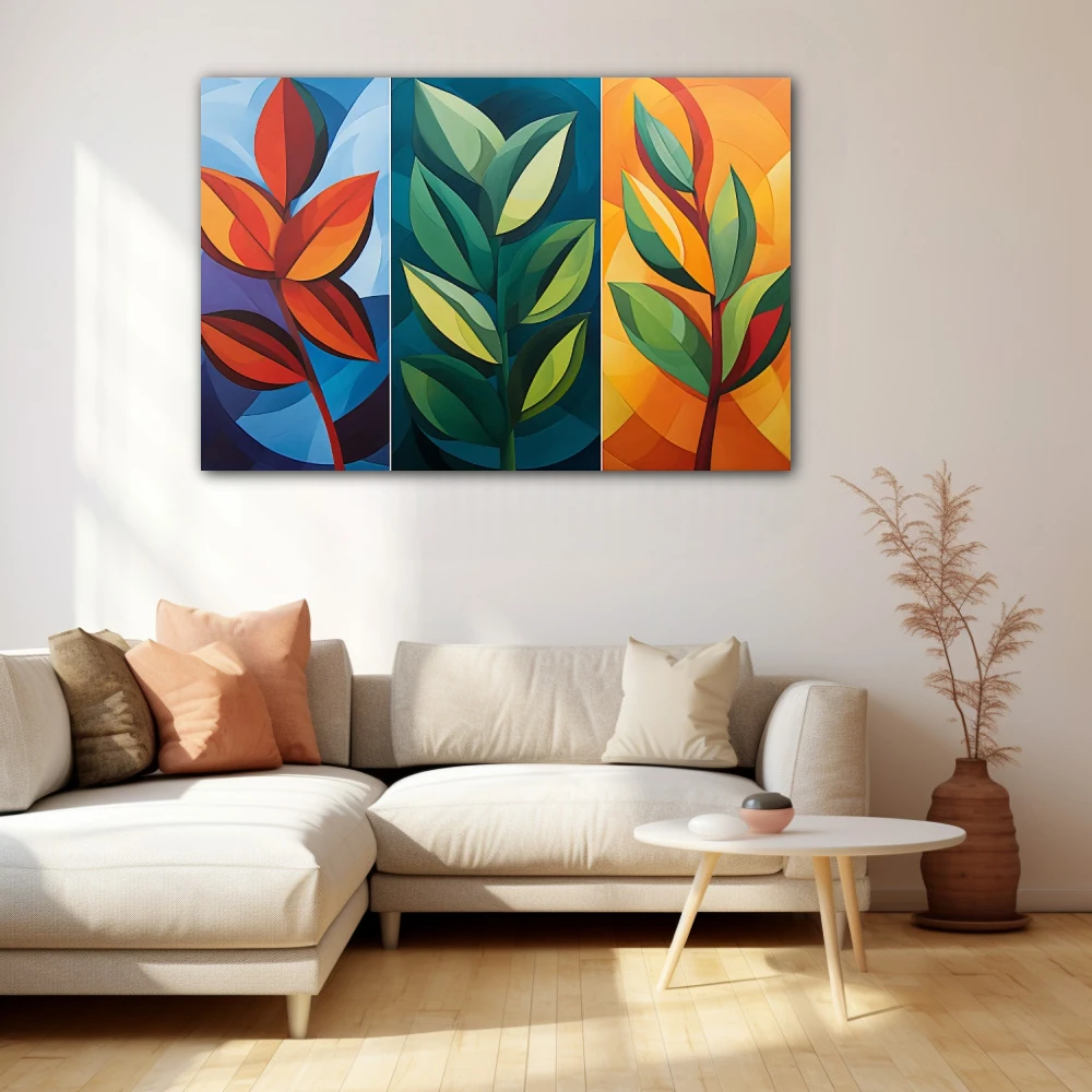 Wall Art titled: Seasons in Geometry in a Horizontal format with: Blue, Orange, Green, and Vivid Colors; Decoration the Beige Wall wall