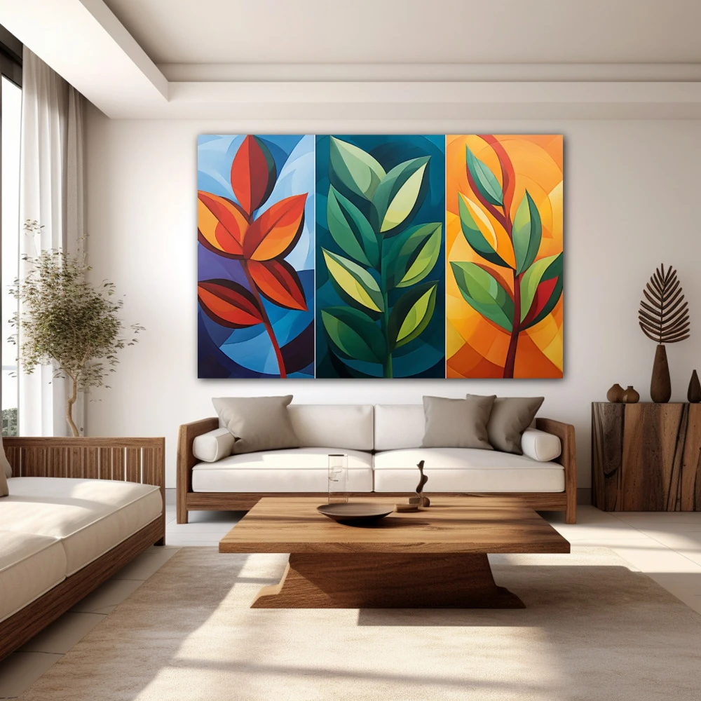 Wall Art titled: Seasons in Geometry in a Horizontal format with: Blue, Orange, Green, and Vivid Colors; Decoration the White Wall wall