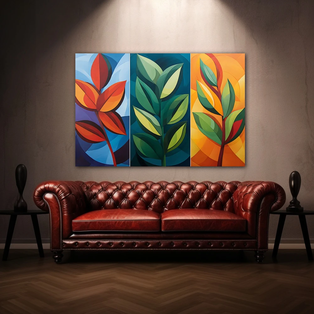 Wall Art titled: Seasons in Geometry in a Horizontal format with: Blue, Orange, Green, and Vivid Colors; Decoration the Above Couch wall