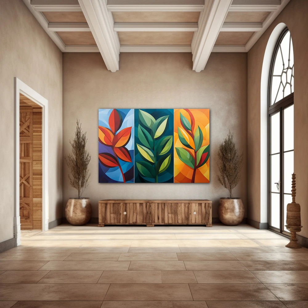 Wall Art titled: Seasons in Geometry in a Horizontal format with: Blue, Orange, Green, and Vivid Colors; Decoration the Entryway wall