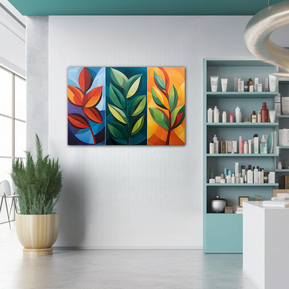 Wall Art titled: Seasons in Geometry in a Horizontal format with: Blue, Orange, Green, and Vivid Colors; Decoration the Pharmacy wall