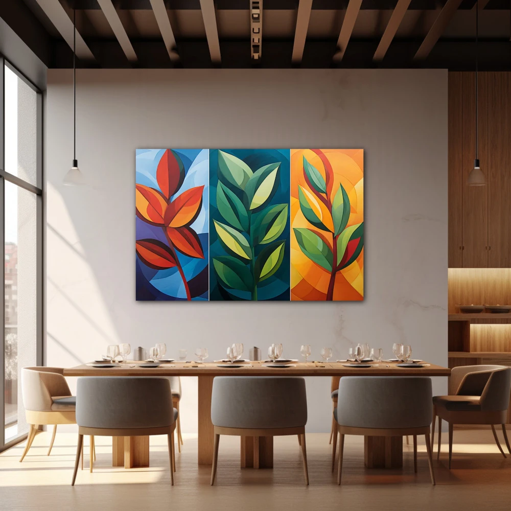 Wall Art titled: Seasons in Geometry in a Horizontal format with: Blue, Orange, Green, and Vivid Colors; Decoration the Restaurant wall