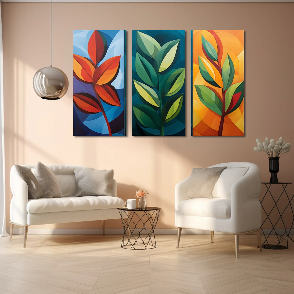 Wall Art titled: Seasons in Geometry in a Horizontal format with: Blue, Orange, Green, and Vivid Colors; Decoration the Living Room wall